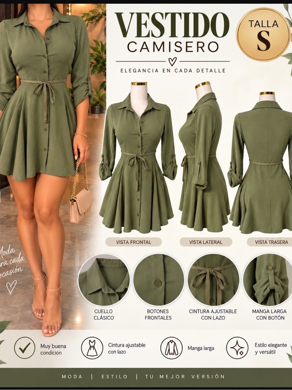 Olive Green Fit-and-Flare Shirt Mini Dress